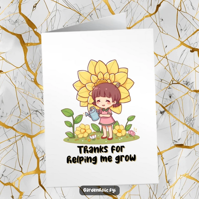Funny Free Printable Thank You Card: Character uses a miniature watering can to tend a massive, vibrant flower.