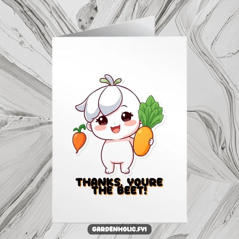 Funny free printable thank you card with a tiny proud character holding a perfect, shiny vegetable, expressing heartfelt thanks.