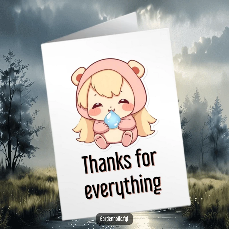 Funny Free Printable Thank You Card showing a character happily cradling a tiny, shimmering dewdrop, embodying heartfelt gratitude.