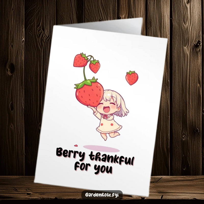 Funny Free Printable Thank You Card showing a character joyfully catching a large strawberry, expressing thanks with a cheerful vibe.
