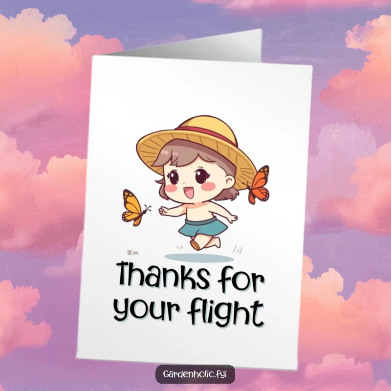Funny Free Printable Thank You Card with a character in a straw hat chasing a butterfly, symbolizing cheerful pursuit of thanks.