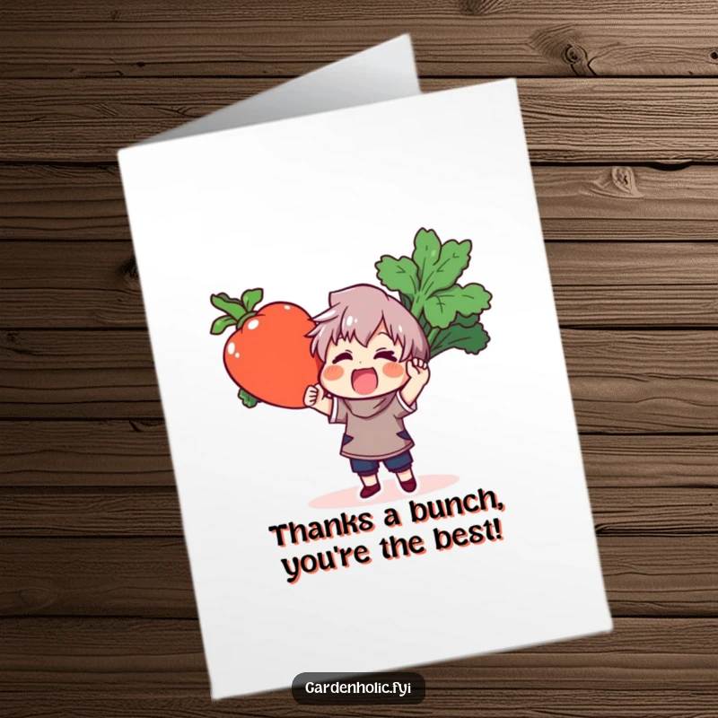 Funny Free Printable Thank You Card: Character beaming while holding a giant, healthy vegetable, expressing heartfelt thanks.