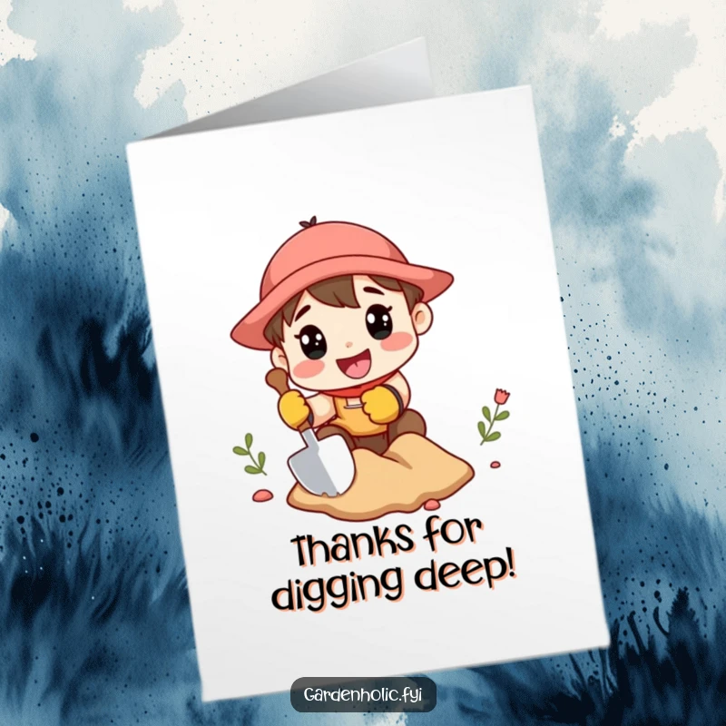 Funny free printable thank you card of a character in gardening gloves excitedly digging with a miniature shovel, showing earnest appreciation.