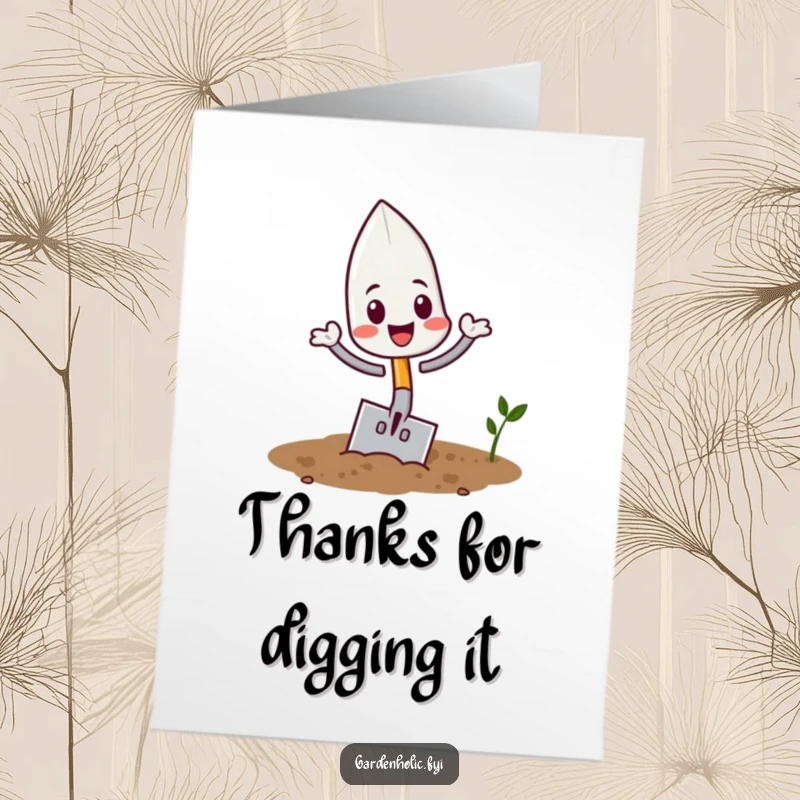 Funny Free Printable Trowel Thank You Card: Playful trowel doing a flip, expressing thanks. Cute, downloadable garden card.