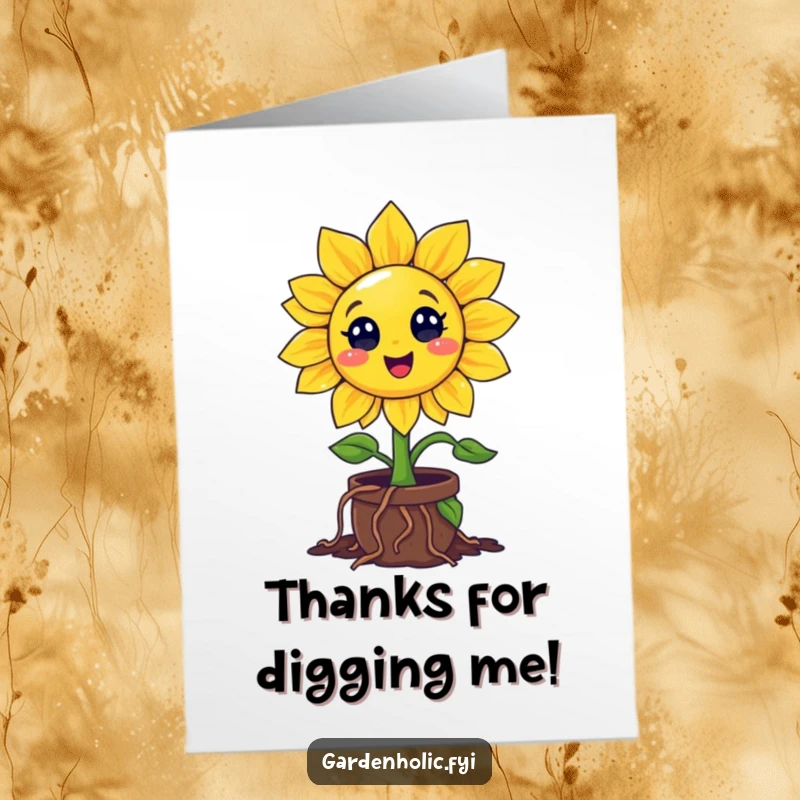 Funny Free Printable Thank You Card: Happy sunflower character's roots digging enthusiastically into a small pot, expressing thanks.