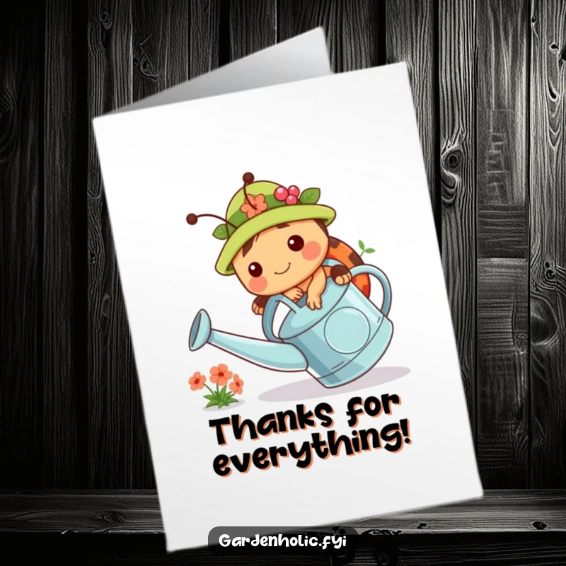 Funny Free Printable Thank You Card: Chubby ladybug in garden hat tripping over watering can, expressing thanks.