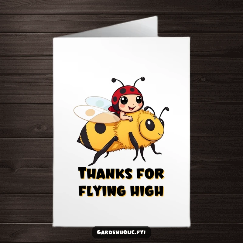 Funny Free Printable Ladybug Thank You Card: Joyful ladybug on a bee, conveying thanks. Cute, downloadable card for friends.