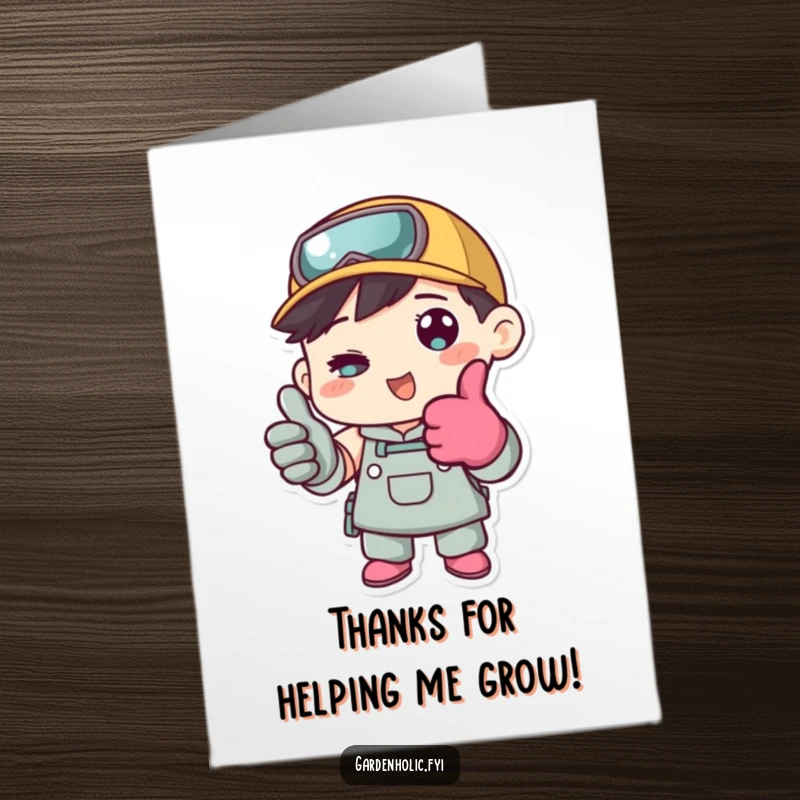 Funny Free Printable Thank You Card of a character wearing gardening gloves and giving a cheerful thumbs up.