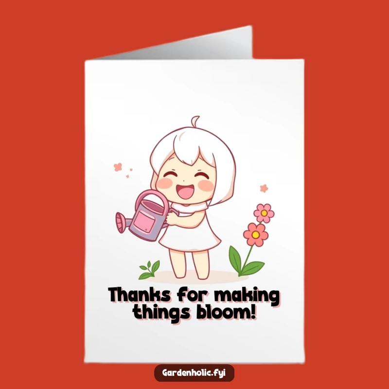 Free Printable Thank You Card: Funny Cute Character Watering Flowers, Express Gratitude with a Smile!