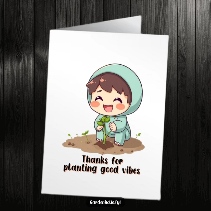 Funny Free Printable Thank You Card: Character joyfully plants a seed, smiling at the potential for growth.