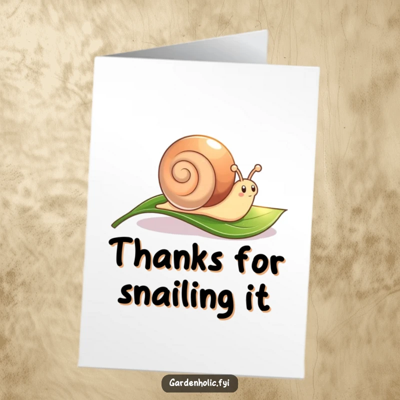 Funny Free Printable Thank You Card: Cute snail character leaving a shimmering trail on a leaf. DIY gift.