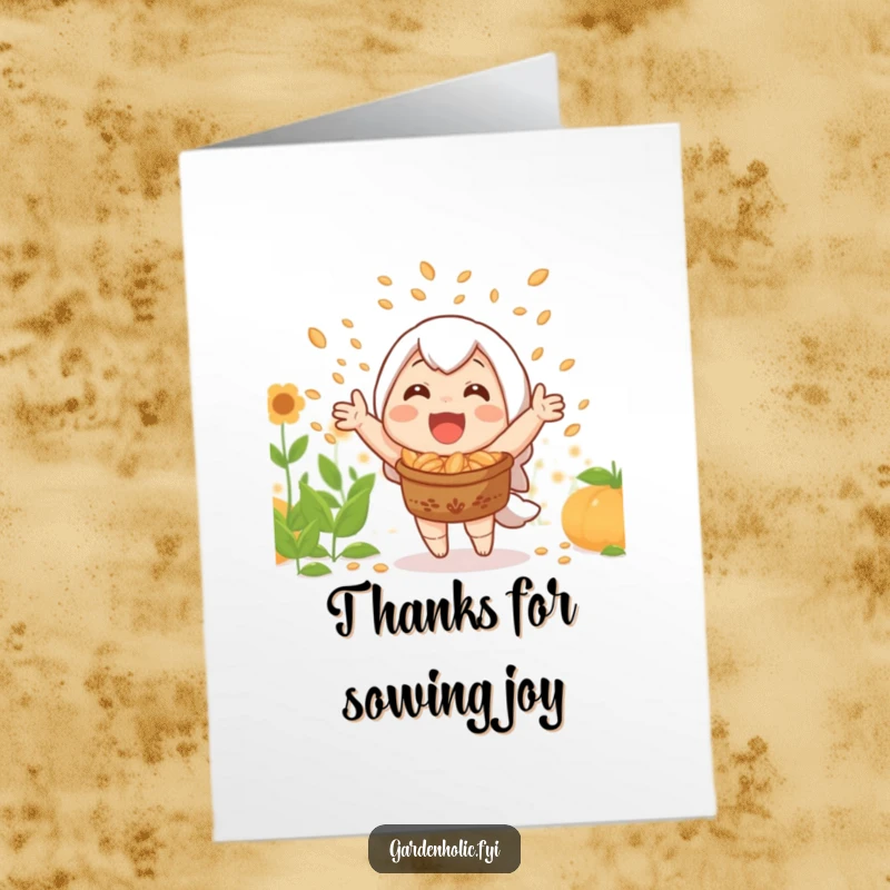 Funny Free Printable Thank You Card: Joyful character celebrating harvest, showering seeds in gratitude.