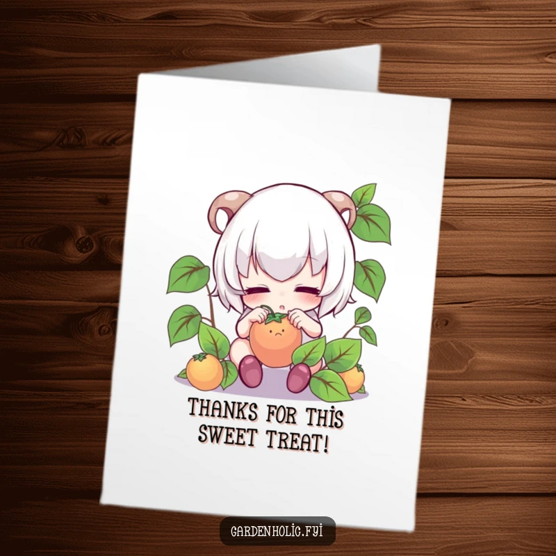 Funny free printable thank you card with a cute, focused character gently tending a tiny fruit, expressing heartfelt thanks.