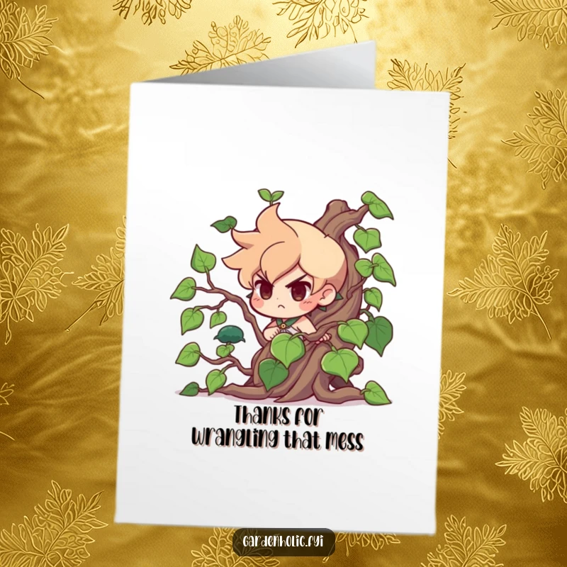Funny Free Printable Thank You Card: Determined character valiantly taming an overgrown vine, conveying sincere thanks.