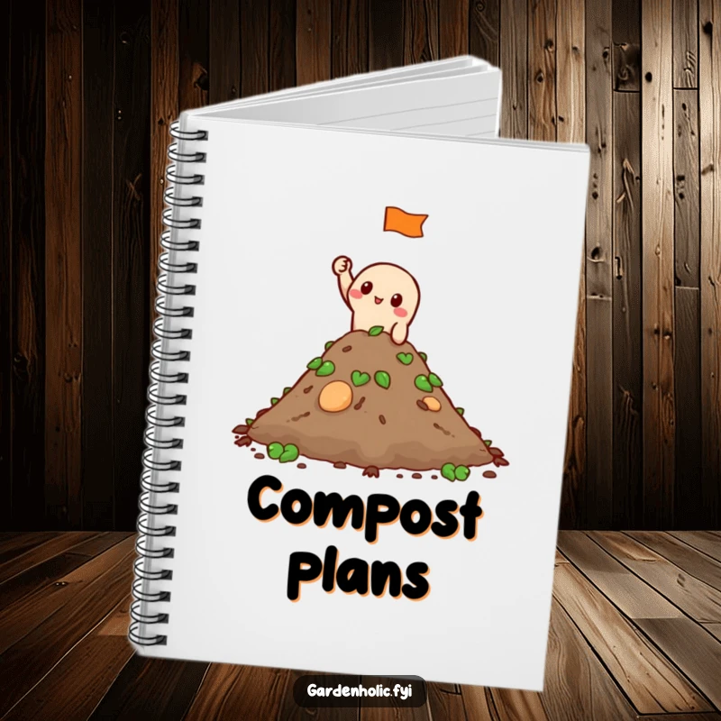 Funny Notebook: A character waves a tiny flag from a compost pile, perfect for jotting down gardening notes with humor.