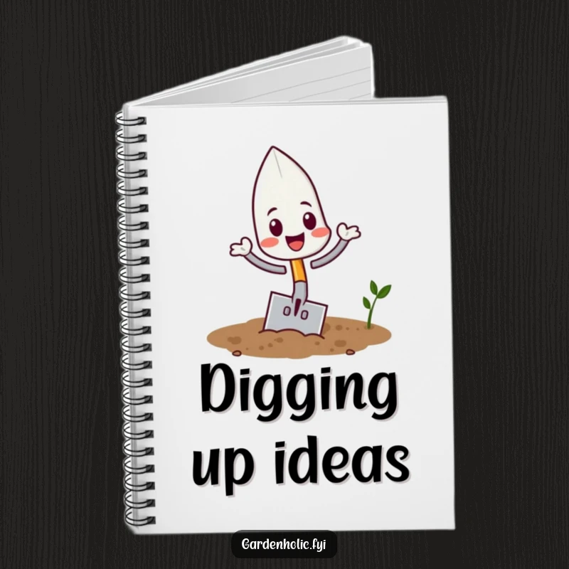 Funny playful trowel character flipping in soil on a notebook cover, a fun and funny stationery gift.