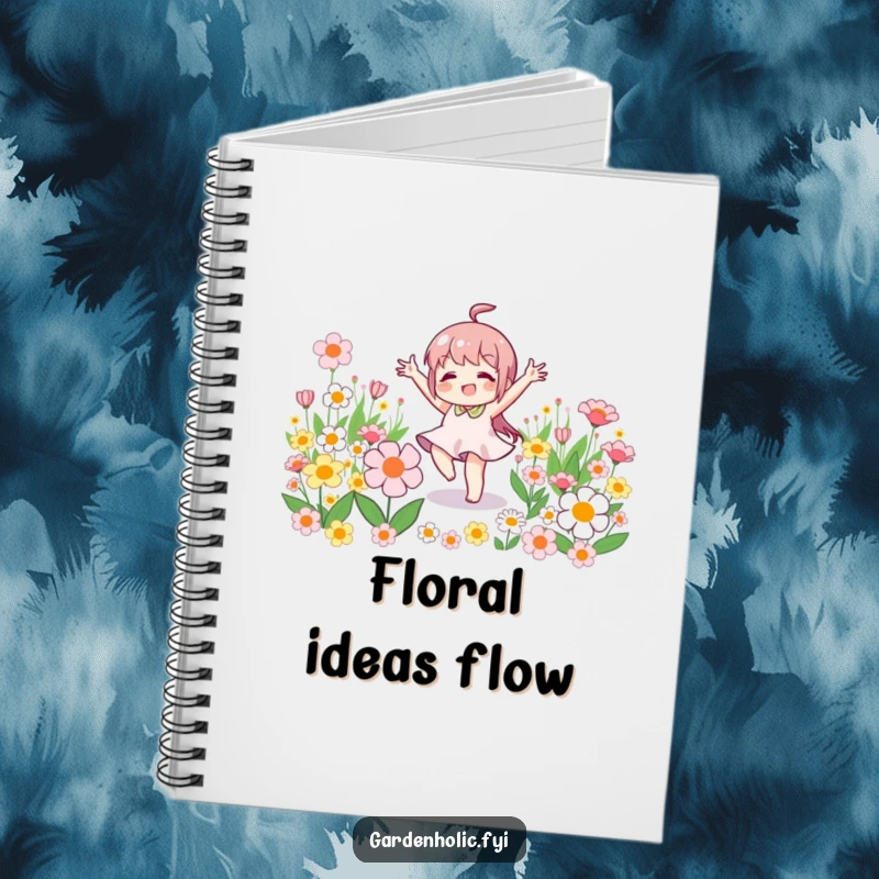 Funny notebook with a little character joyfully doing a victory dance amidst blooming flowers, ideal for happy notes.