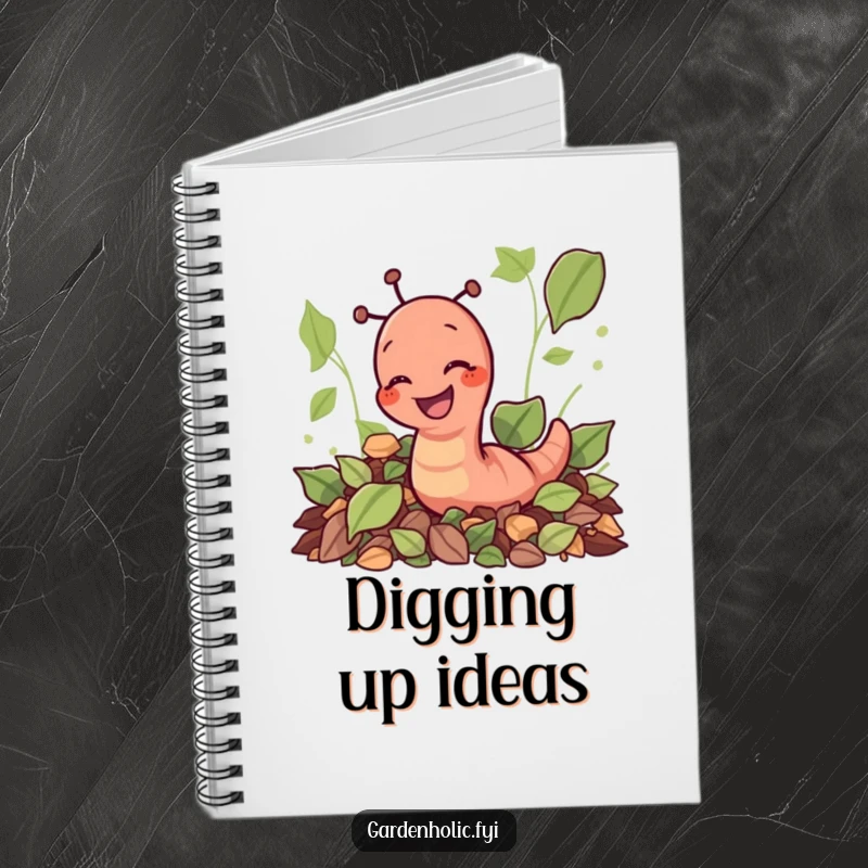 Funny giggling earthworm digging through leaves on a notebook cover, a fun and funny stationery gift.
