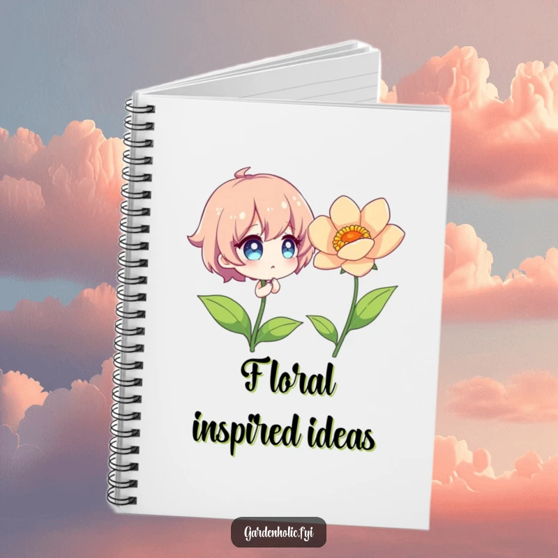 Funny Notebook with a cover illustration of a character admiring a vibrant, perfectly bloomed flower.