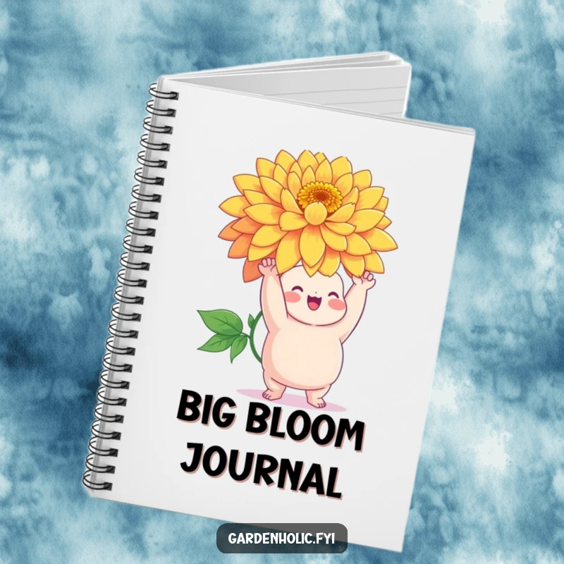 Funny notebook with a chubby character triumphantly holding a giant, vibrant flower, ideal for garden planning and notes.