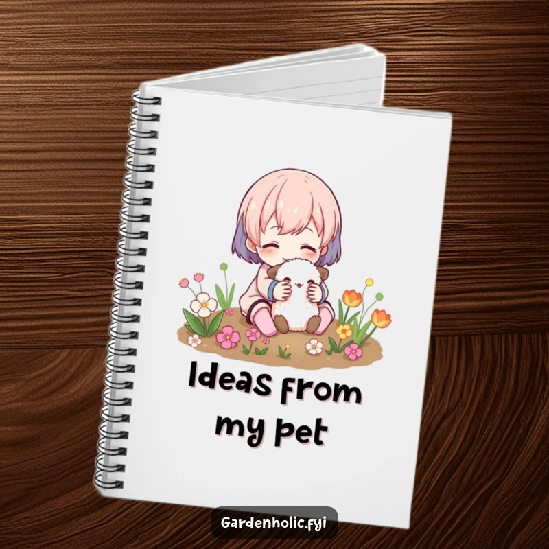 Funny Notebook: A character embraces a fuzzy creature in a garden, perfect for jotting down ideas with a smile.