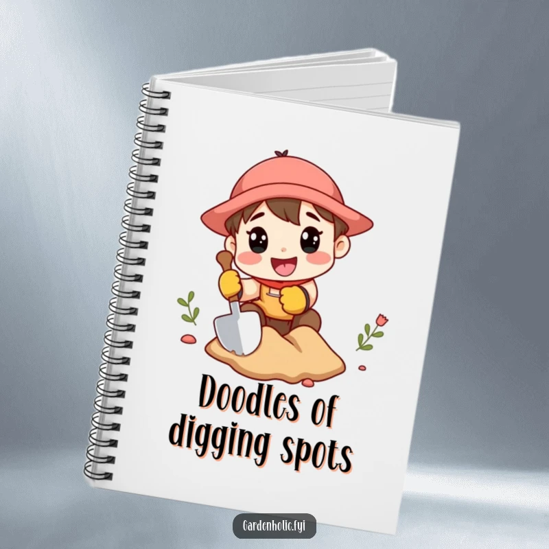 Funny notebook featuring a character in gardening gloves, excitedly digging with a miniature shovel, ideal for jotting down garden plans.