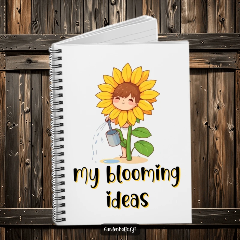 Funny notebook with a small, joyful character watering a giant sunflower, perfect for garden journaling.