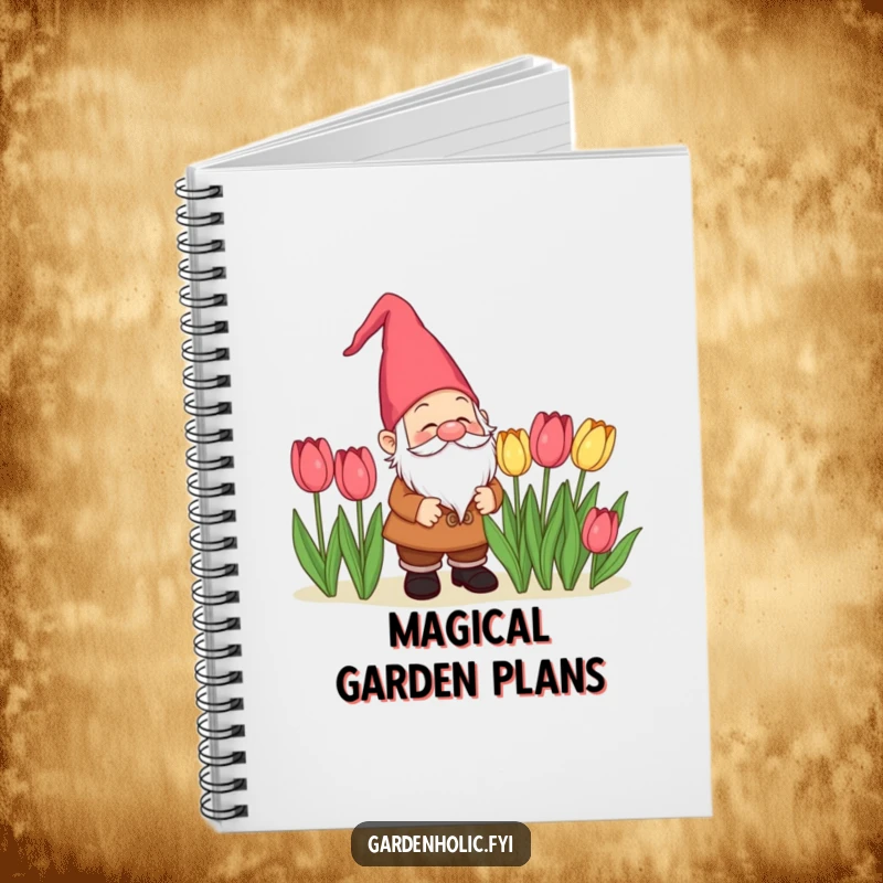 Funny delighted gnome character admiring tulips on a notebook cover, a charming and funny stationery gift.