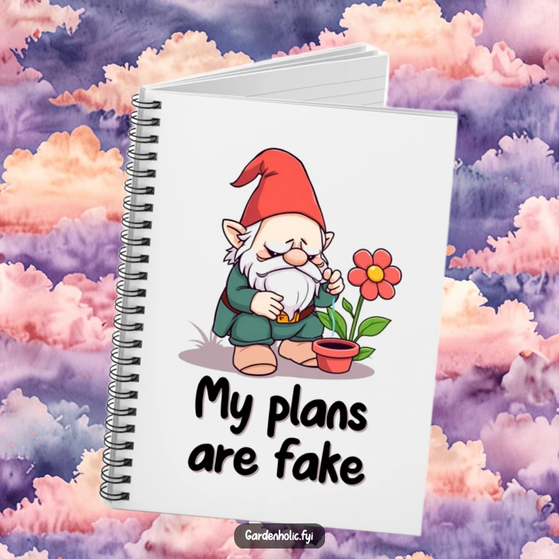 Funny notebook: Grumpy garden gnome attempting to water a plastic flower, ideal for journaling and funny gift-giving.