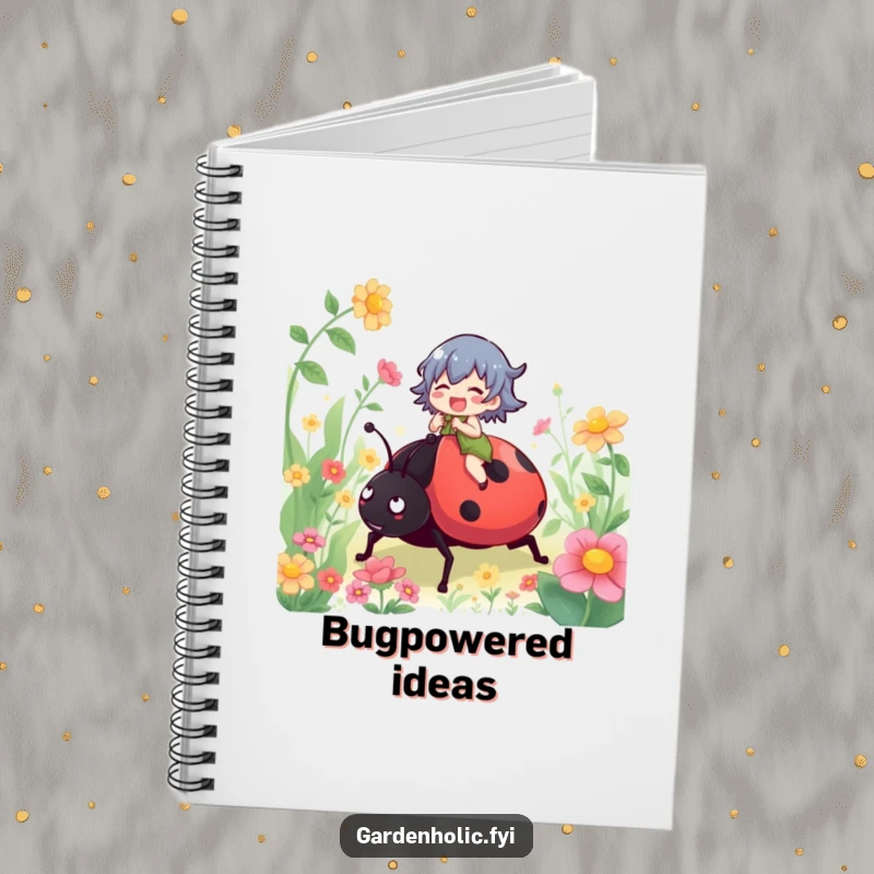 Funny notebook cover with a gleeful character riding a ladybug through a garden, inspiring creative writing and note-taking.