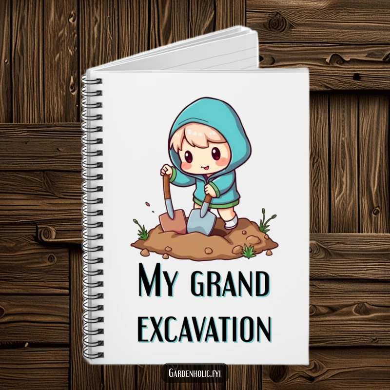 Funny notebook cover with a character digging energetically with a miniature shovel, suitable for journaling humor.
