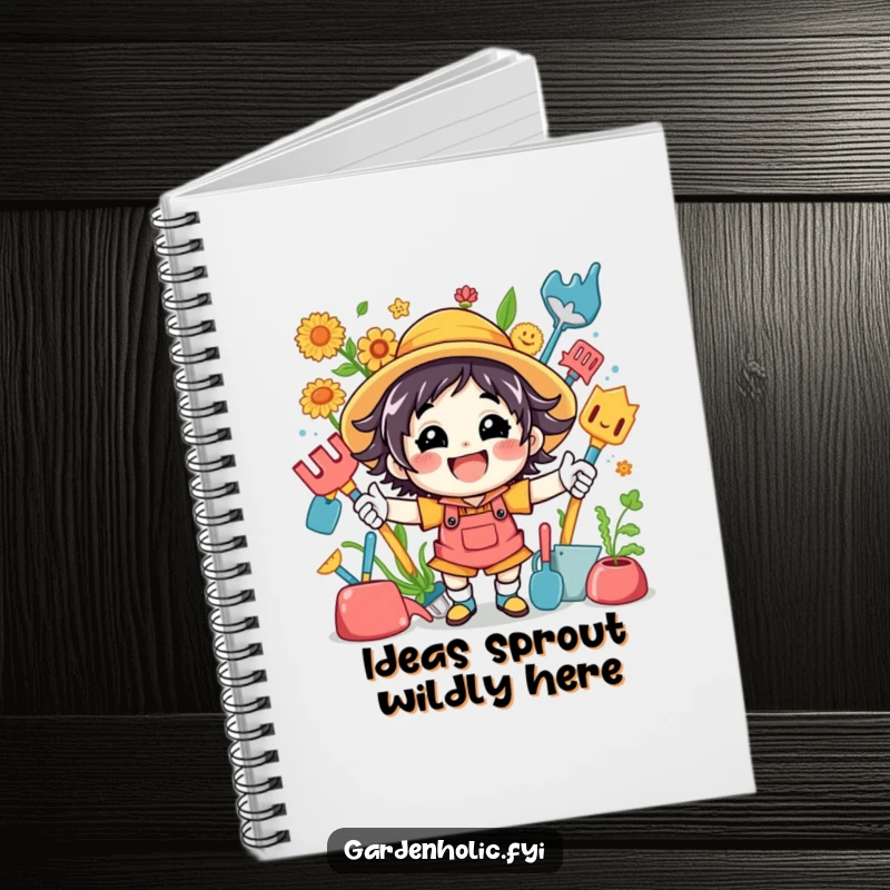 Funny notebook with a lively, energetic character surrounded by bright garden tools, perfect for note-taking or journaling garden plans.