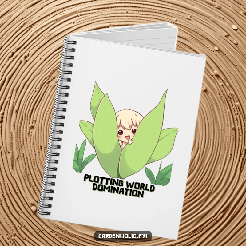 Funny Notebook: Character playfully peeking out from behind a large, leafy plant, perfect for journaling and creative doodling.