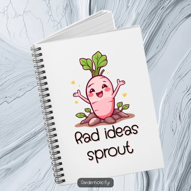 Funny Radish Notebook: A happy character bursting from the ground with a flourish, for writing.