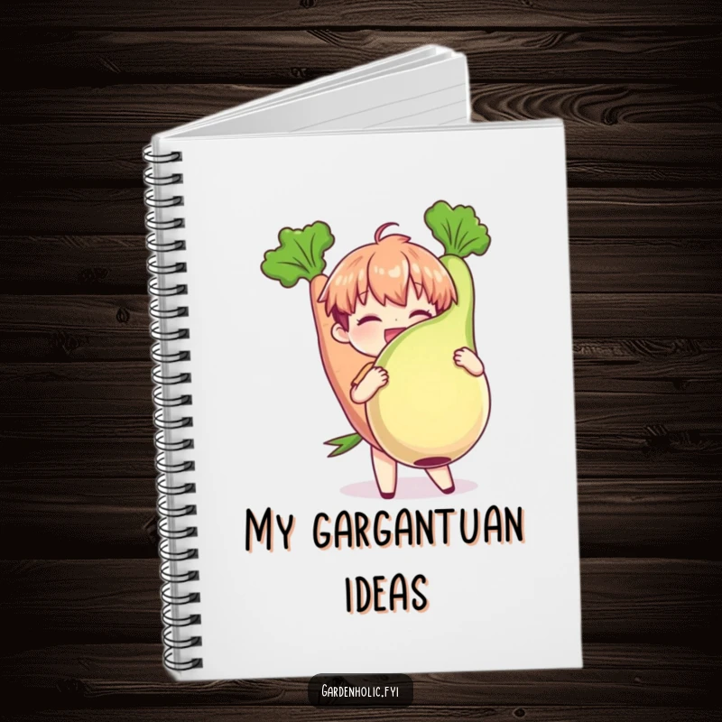 Funny Notebook: Character joyfully holding a plump, oversized vegetable, ideal for journaling garden plans and recipes, a charming funny gift.