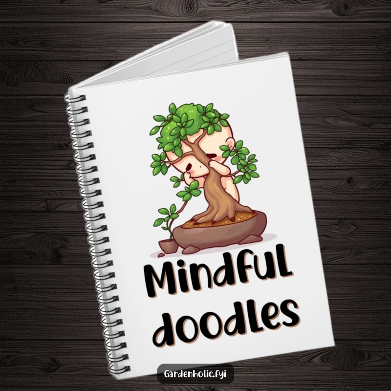 Funny notebook with a playful character intensely focused on pruning a miniature bonsai tree, ideal for planning.