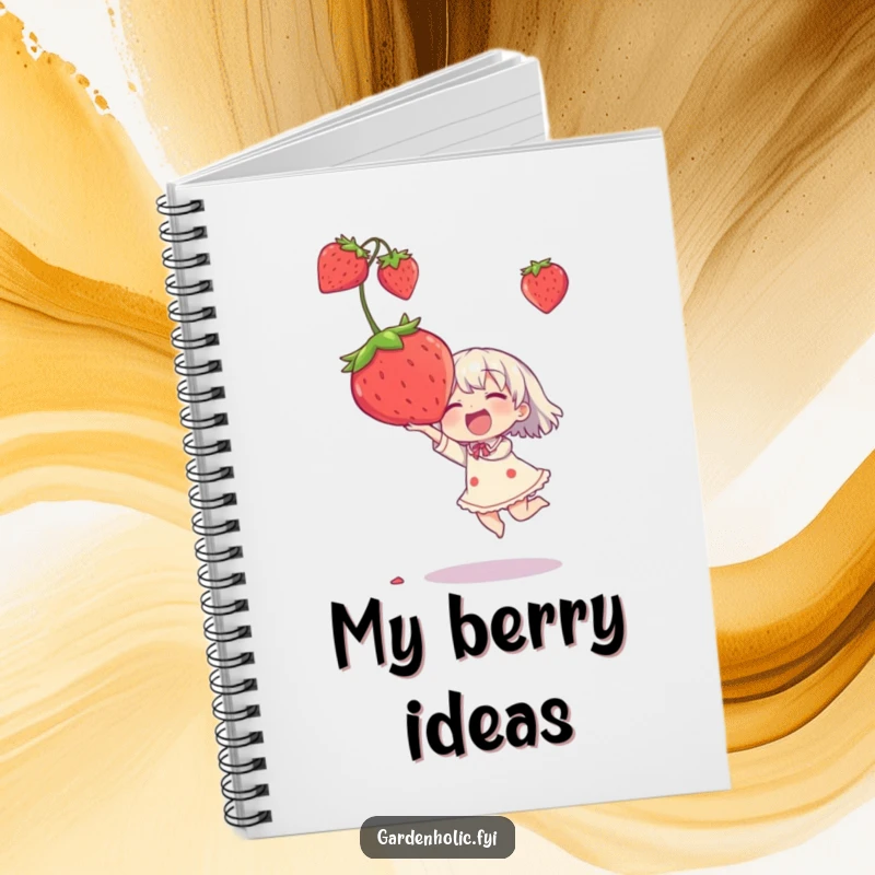 Funny notebook cover with a character joyfully catching an oversized strawberry, suitable for journaling humor.