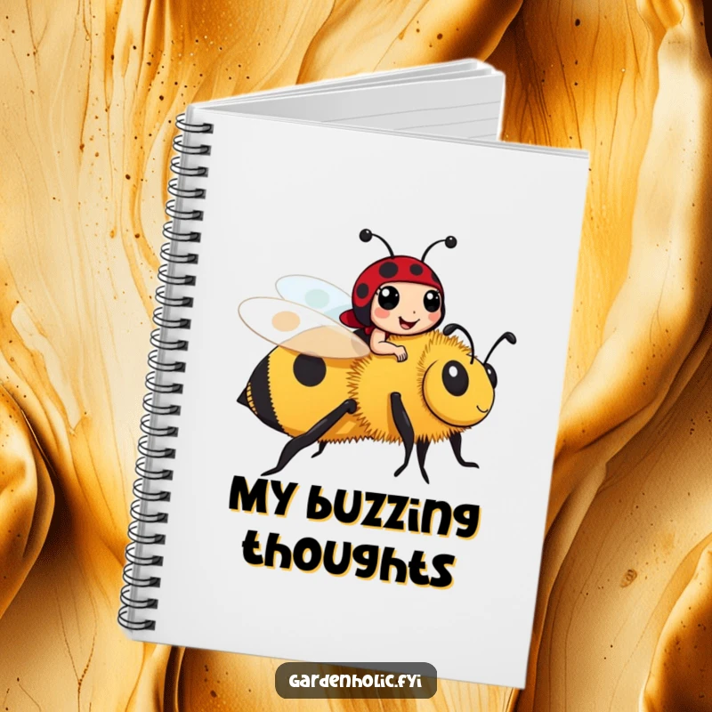 Funny cheerful ladybug riding a large bumblebee on a notebook cover, a cute and funny stationery gift.