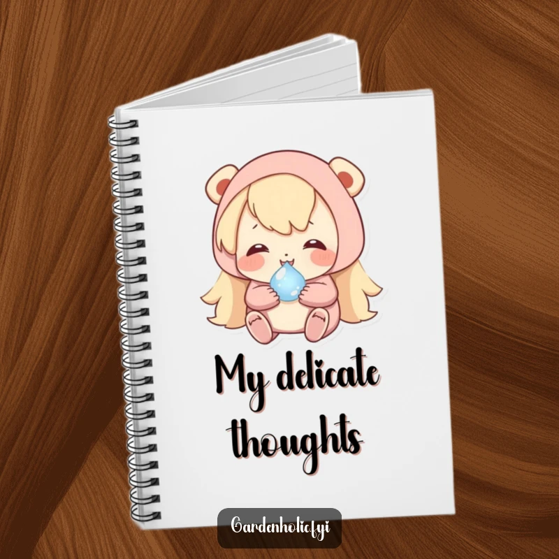 Funny notebook cover with a happy character carefully cradling a tiny, shimmering dewdrop, suitable for journaling humor.