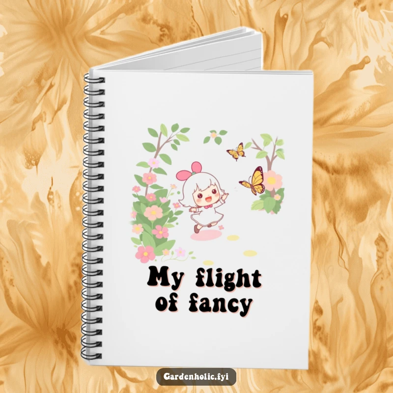 Funny notebook featuring a character joyfully chasing a butterfly through a garden, perfect for jotting down nature observations and ideas.