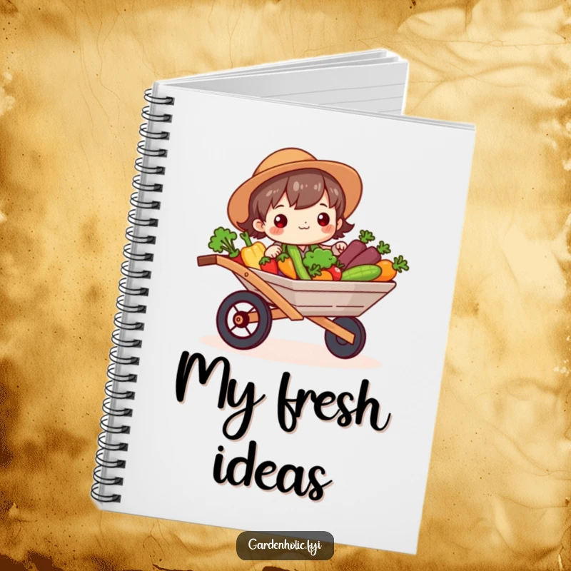 Funny Notebook: Character beaming, holding a wheelbarrow full of vegetables, perfect for writing garden notes and plans, a funny gift.