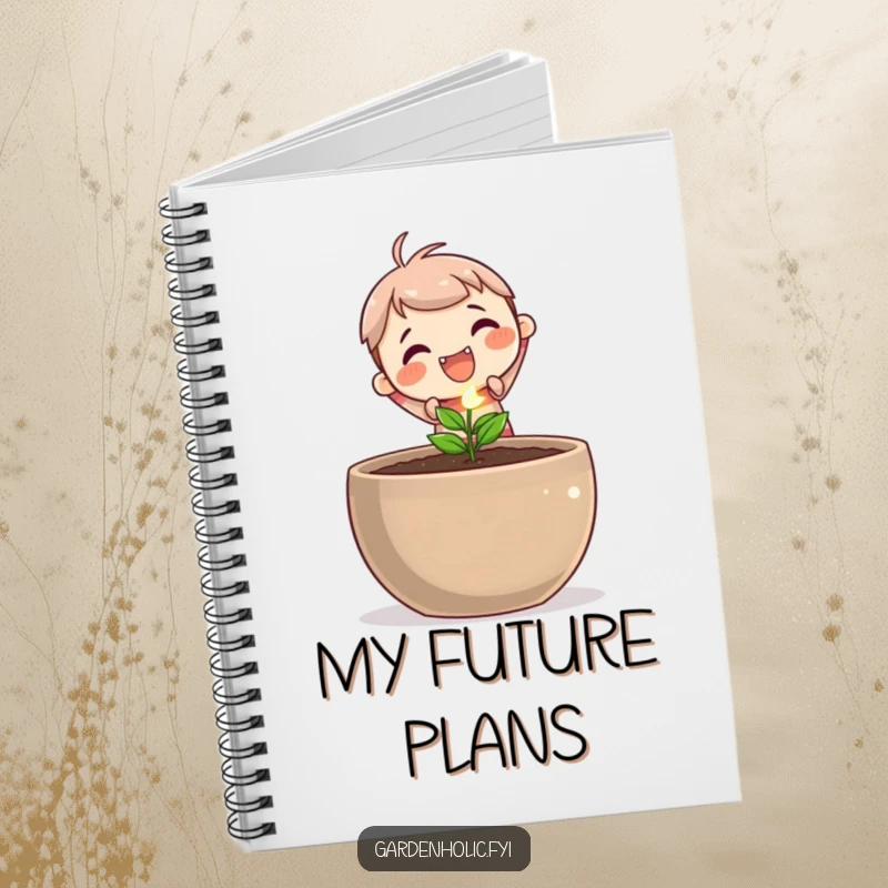 Funny notebook cover with a cute character happily planting a tiny, sparkling seed in a large pot, ready to record garden plans.