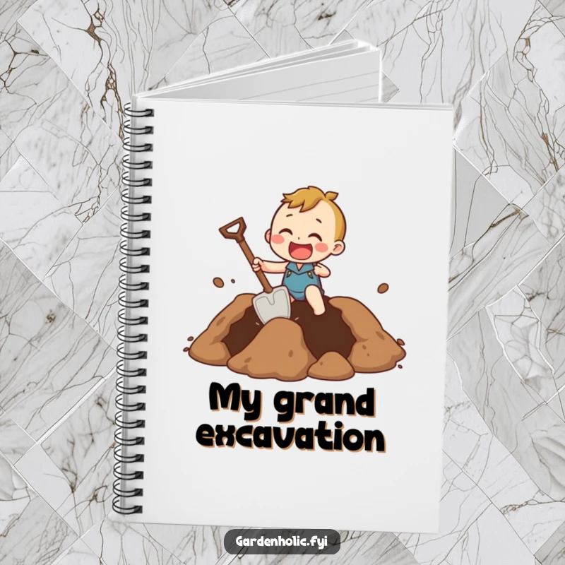 Funny Notebook cover with a character digging a giant hole using a comically small shovel, designed for capturing big ideas.