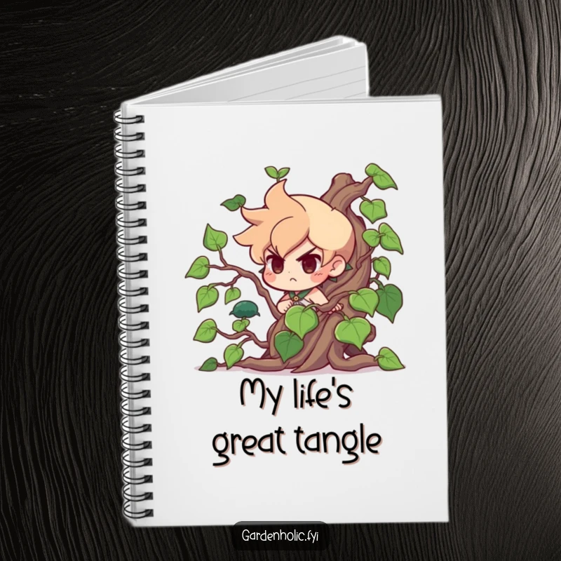 Funny Notebook: A determined character humorously struggles with a giant, unruly vine, inspiring funny notes and ideas.
