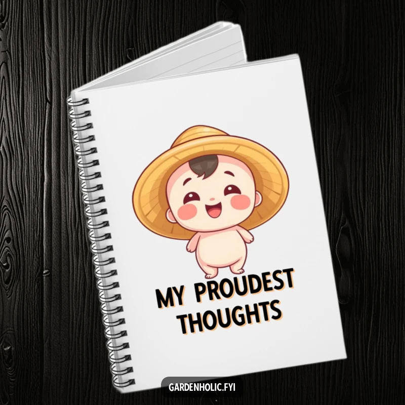 Funny Notebook: Entity wearing a straw hat, beaming with pride, ideal for journaling achievements and goals, a charming funny gift.