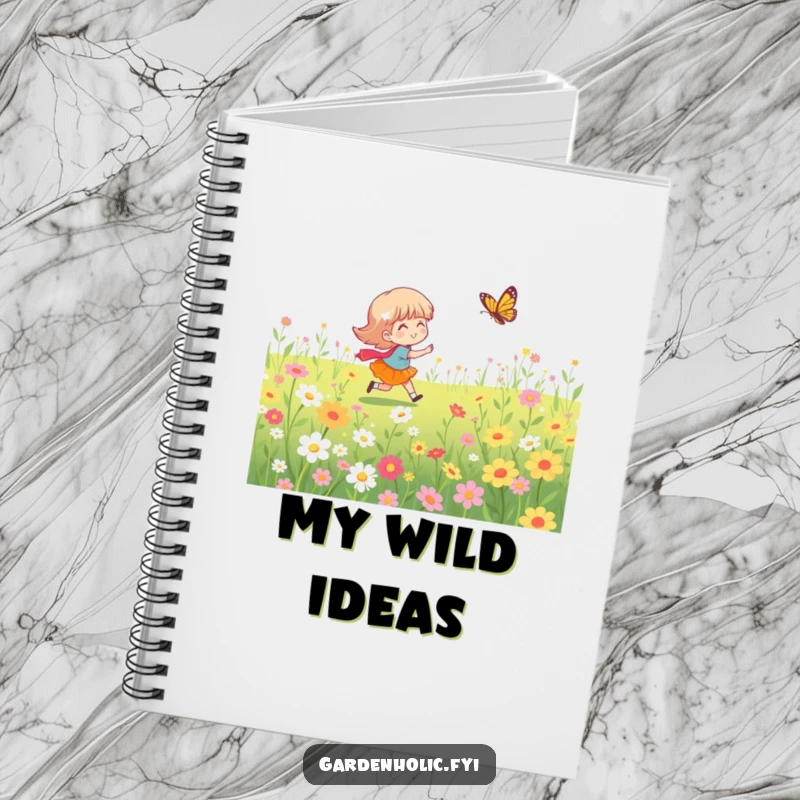 Funny notebook with a character chasing a butterfly in a flower field, perfect for creative brainstorming and joyful notes.