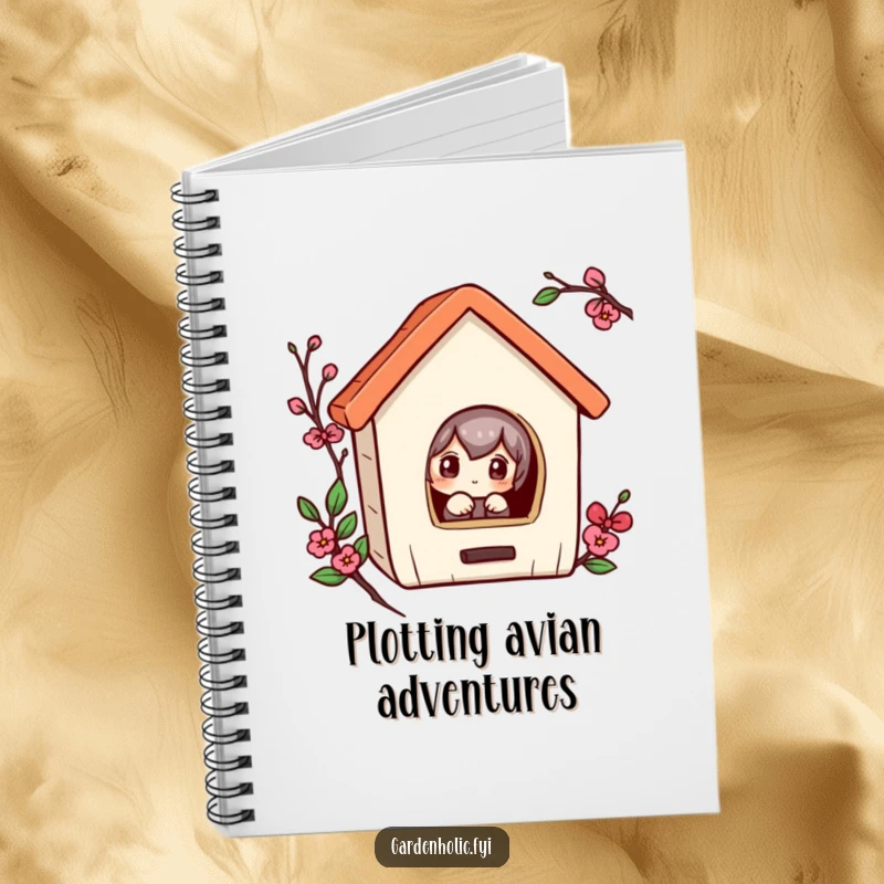 Funny notebook with a curious character peeking into a small birdhouse, perfect for jotting down humorous thoughts.