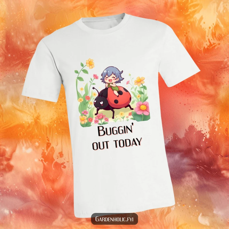 Funny t-shirt displaying a gleeful character happily riding a colossal ladybug through a blooming garden, full of whimsical adventure.