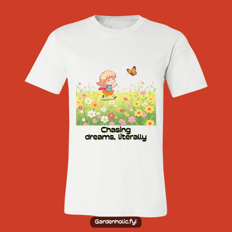 Funny Butterfly Chase T-Shirt - Whimsical Field of Flowers Design
