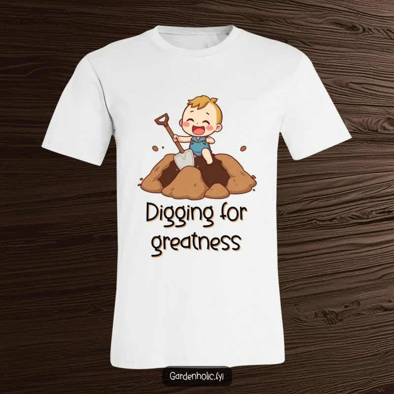 Funny T-Shirt depicting a character enthusiastically digging a huge hole with a ridiculously small shovel, highlighting effort and humor.